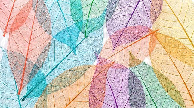 Vibrant translucent skeleton leaves arranged in colorful overlapping botanical pattern for artistic background design texture with skeletonized leaves dyed various bright colors