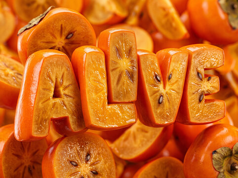 Sliced Persimmon Fruit Sections Carved into the Word ALIVE