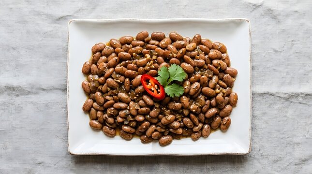 Cooked pinto beans on a white plate with chili and cilantro garnish top view