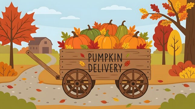 Halloween Pumpkin Delivery Cart with Autumn Harvest