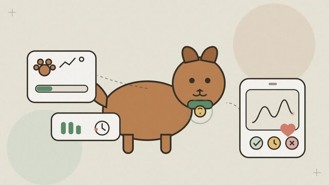 Abstract animated pet monitored and cared for with connected devices drawn as amber and orange lines and shapes on a bright, clean light background. Seamless looping 4K motion graphics video with free
