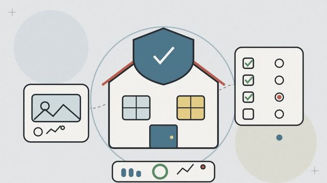 Abstract animated home insurance claim assessed and settled drawn as cyan and teal lines and shapes on a bright, clean light background. Seamless looping 4K motion graphics video with free space for t