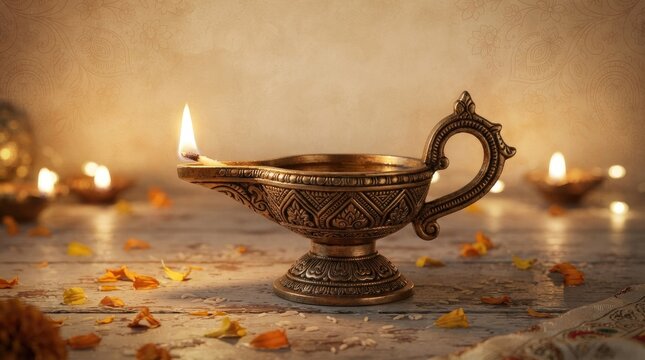 Diwali decorative oil lamp with intricate design and lit flame on textured surface light reflection traditional celebration spiritual cultural heritage handcrafted
