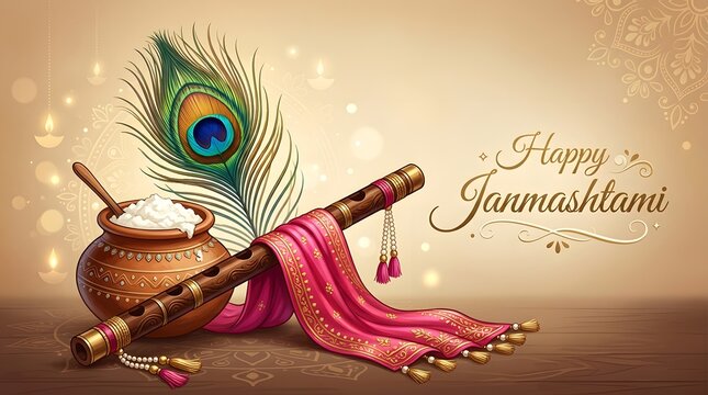 Happy janmashtami greeting card with a traditional flute peacock feather and a pot of butter on brown background