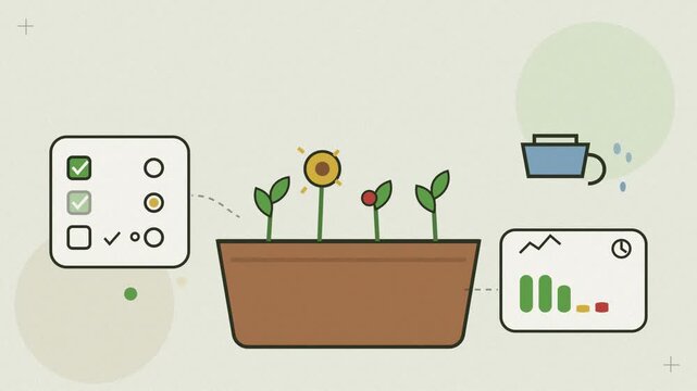 Abstract animated community garden growing through the season drawn as amber and orange lines and shapes on a bright, clean light background. Seamless looping 4K motion graphics video with free space 