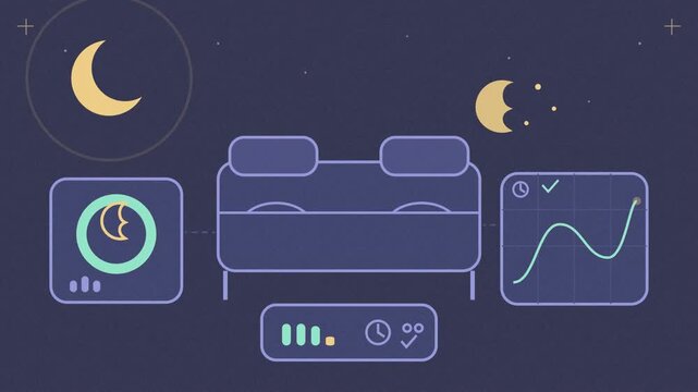 Abstract animated sleep stages tracked through the night drawn as blue and cyan lines and shapes on a deep dark background. Seamless looping 4K motion graphics video with free space for text, ideal fo