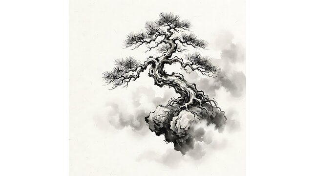 sumi e, ink wash painting, pine tree, bonsai tree, stone islet, rock, floating island, clouds, mist, monochrome art, black ink, chinese painting, japanese painting, brush strokes, zen art, minimalist 