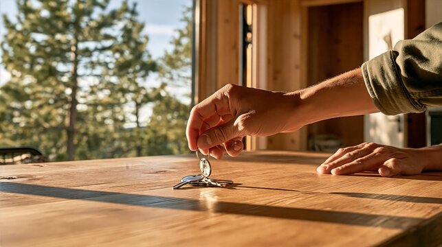 Guest placing key ring on wooden cabin table with pine trees outside