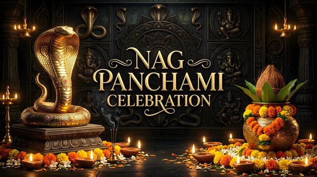 Beautiful nag panchami celebration with cobra and traditional oil lamps