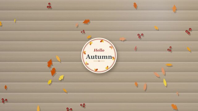 falling autumn leaves looping animation over wooden planks with hello autumn signage. gentle motion graphics background.