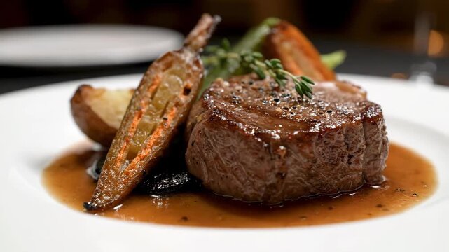 High-end gourmet filet mignon steak dinner plated with rich brown sauce, roasted root vegetables, and fresh thyme garnish on a white plate.