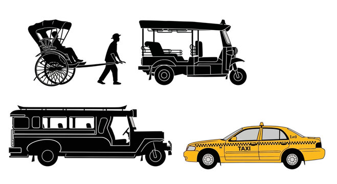 Various transportation vehicles silhouettes with vehicles including rickshaw rickshaw tuk tuk tuk bus taxi collection transportation illustration