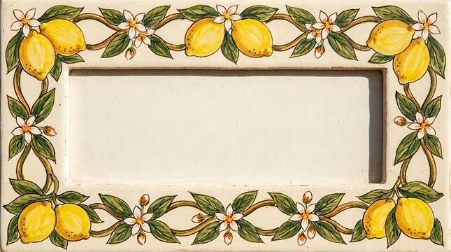 Summer Citrus Ceramic Pattern Border FrameWith Floral Accents framebackground tile ceramic lemons floral summer border decorative copy space menu branding social media citrus fruit yellow