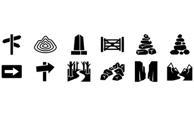 Fototapeta premium Hiking and camping outdoor navigation vector icons set trail sign
