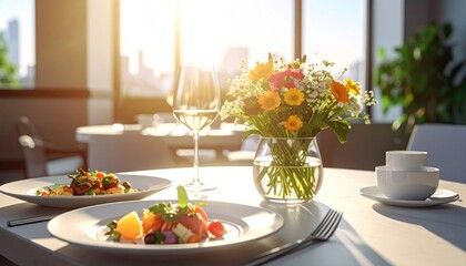Fototapeta premium Sunlit dining table set with elegant dishes, wine glass, and vibrant flower vase by a large window