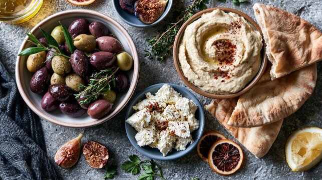 Sunlit table holds fresh bread, olives, olive oil, hummus, and citrus.