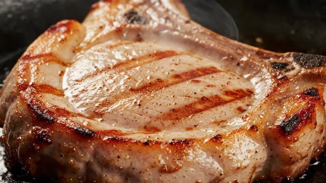 Sizzling close-up of a thick bone-in pork chop searing on a hot grill pan, showing perfect grill marks, golden crust, and rising smoke.