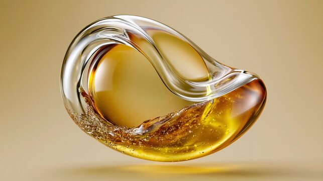 Golden liquid swirls within a clear glass sphere. Soft light glows from inside the vessel. Smooth curves reflect light and shadow.