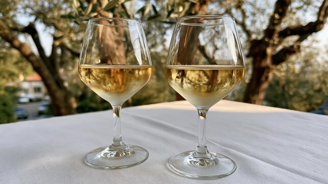 Two mismatched wine glasses filled with white wine