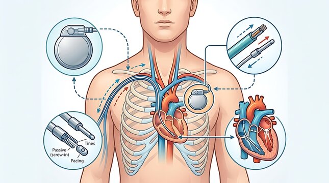 Medical illustration showing a cardiac pacemaker implanted in the chest