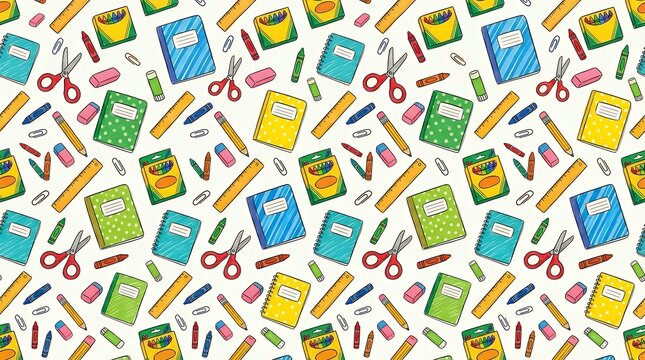 Seamless colorful repeating pattern featuring hand drawn school supplies like scissors notebooks rulers and pencils on a clean backdrop pattern seamless school stationery supplies cute education