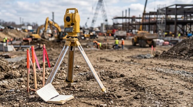 Yellow surveying total station on a tripod at a construction site with a notebook and measurement stakes on dirt ground.