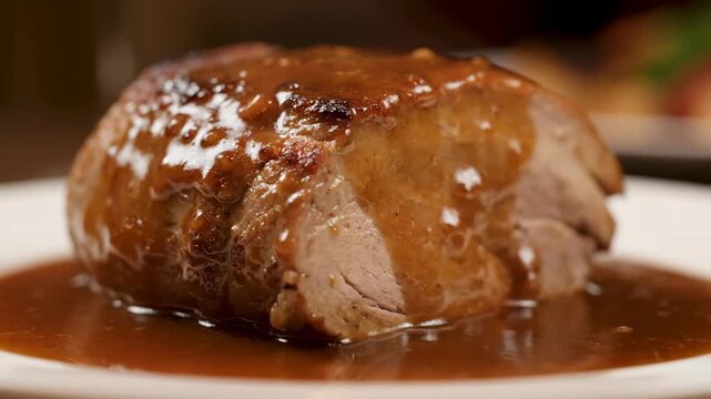 Close-up of a tender, seared meat medallion smothered in rich, glossy brown gravy or demi-glace sauce, served on a white restaurant plate ready for a gourmet meal.