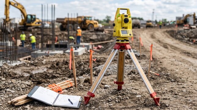Yellow surveying total station on a tripod at a construction site with a notebook and measurement stakes on dirt ground.