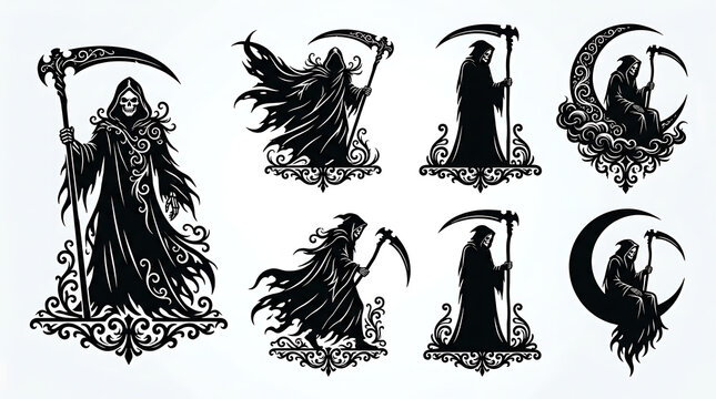 Grim Reaper silhouettes set with scythes and crescent moon gothic design elements
