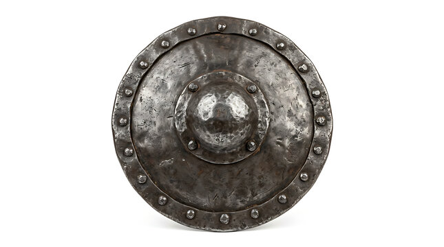 Antique Medieval Circular Steel Shield Isolated on a Clean White Background for Design