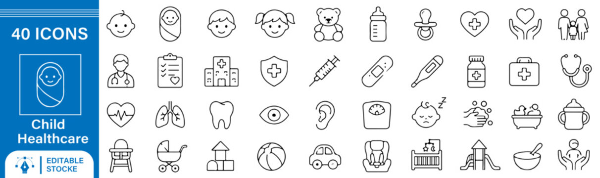 40 Child Healthcare Vector Outline Icons Set &ndash; Pediatric Care, Baby Health, Medical Checkup, Vaccination and Child Wellness Line Symbols Collection
