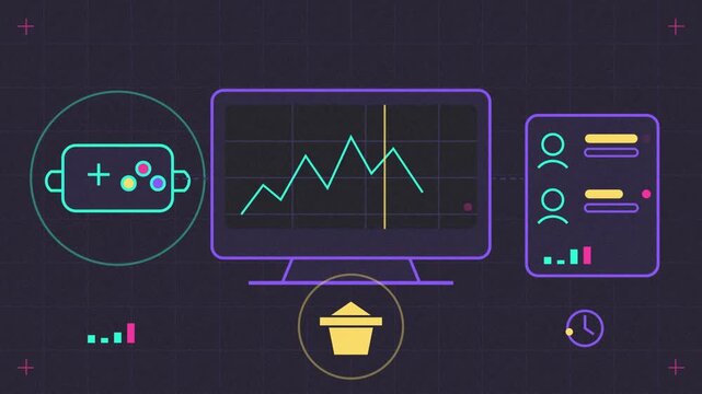 Abstract animated esports arena during a live match drawn as violet and blue lines and shapes on a deep dark background. Seamless looping 4K motion graphics video with free space for text, ideal for t