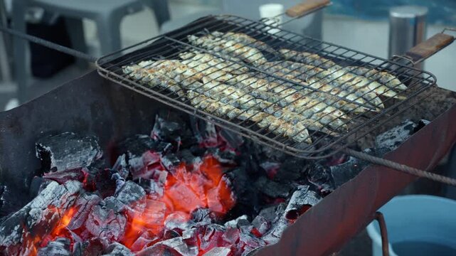 Fresh sardines grilling on a barbecue grill over glowing charcoal embers. Preparing delicious seafood for an outdoor meal