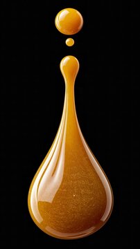 Golden droplet hangs suspended in pure darkness. Surface gleams with subtle shimmering light.