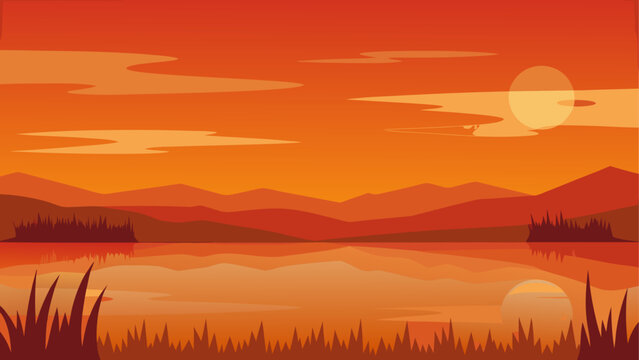 Vibrant sunset over serene lake