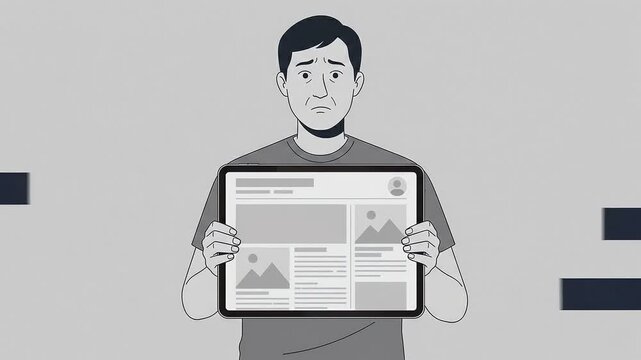 Monochrome illustration of a worried man holding a tablet displaying a news webpage
