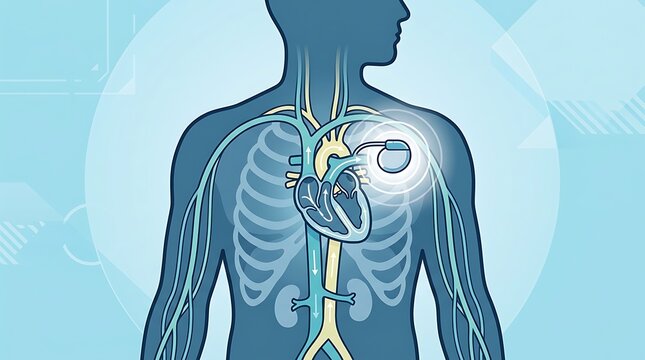 Human heart pacemaker implant illustration with circulatory system