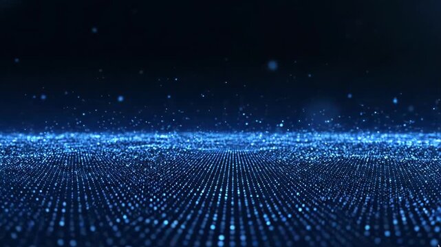Digital blue grid surface with glowing particles floating upward in cyberspace