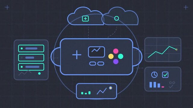Abstract animated game streamed from the cloud to a device drawn as blue and cyan lines and shapes on a deep dark background. Seamless looping 4K motion graphics video with free space for text, ideal 