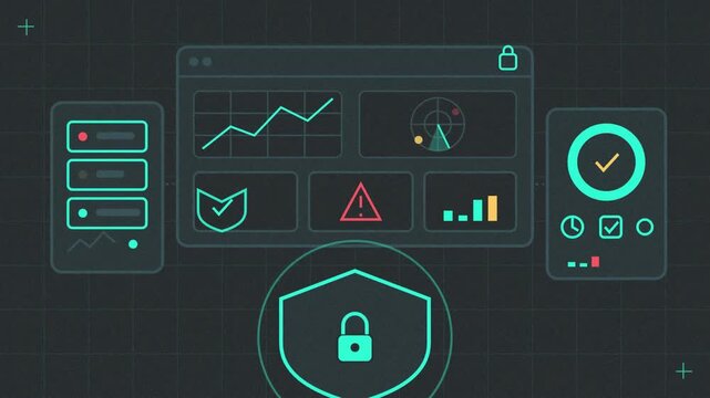 Abstract animated analysts watching alerts in a security operations centre drawn as cyan and teal lines and shapes on a deep dark background. Seamless looping 4K motion graphics video with free space 