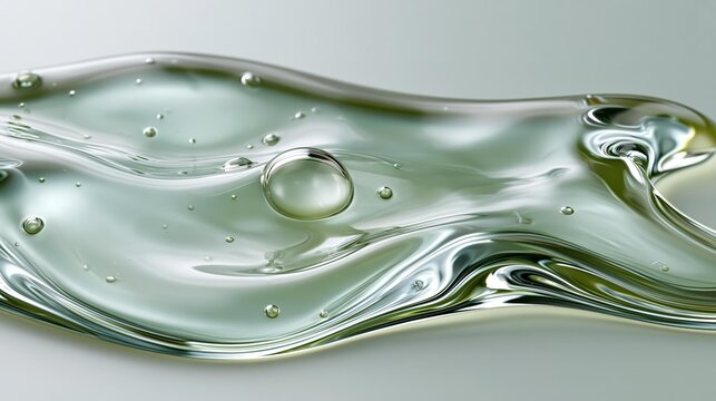 Glassy liquid flows with gentle curves and small bubbles. Surface reflects light, creating subtle, shimmering highlights.