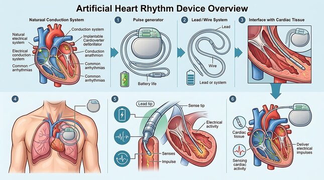 Medical infographic explaining artificial heart rhythm device parts