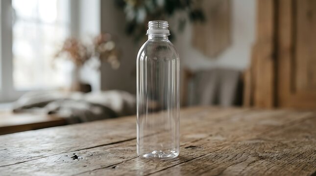 Empty clear plastic bottle standing on a rustic wooden table