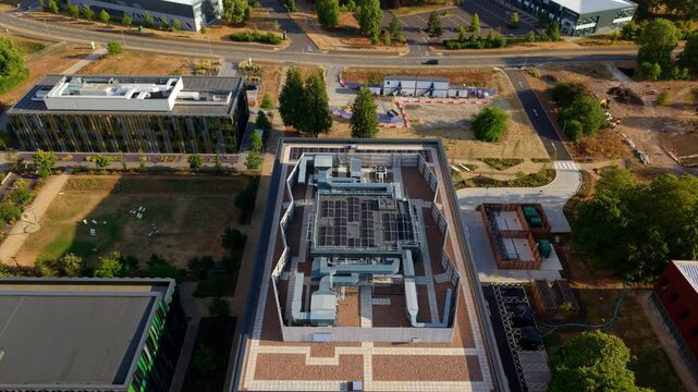 Aerial view of the rooftop mechanical systems and solar panels at the Harwell Oxford research campus in Harwell Oxford, England, United Kingdom.
