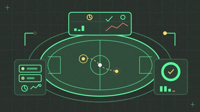Abstract animated connected stadium managing crowds and services drawn as green and teal lines and shapes on a deep dark background. Seamless looping 4K motion graphics video with free space for text,