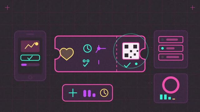Abstract animated tickets selected and issued on a booking platform drawn as violet and blue lines and shapes on a deep dark background. Seamless looping 4K motion graphics video with free space for t