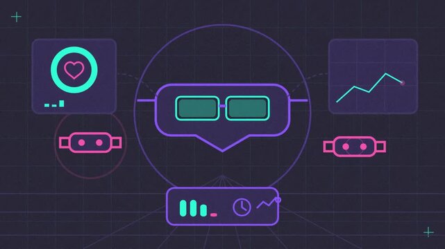 Abstract animated workout guided in virtual reality drawn as blue and cyan lines and shapes on a deep dark background. Seamless looping 4K motion graphics video with free space for text, ideal for wel