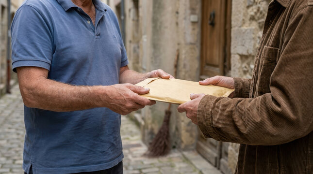 Man handing package during thoughtful Halloween delivery in old village passage