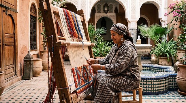 Moroccan woman weaving a traditional rug in a riad courtyard