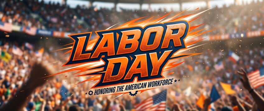 Labor Day celebration banner with crowd cheering and festive orange fireworks background